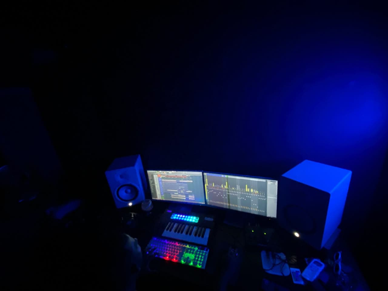 Bloodline studio's recording desk and signature wall logo